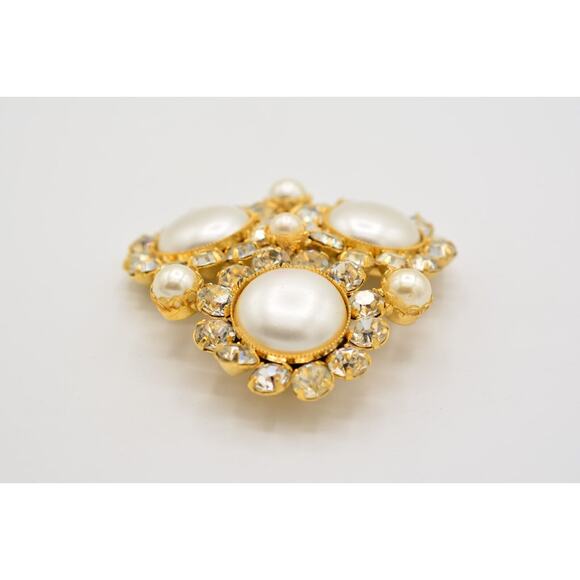 Vintage Crystal Pin Brooch Pearl Prong Cluster Gold Rhinestone Chunky 80s BinAC - Picture 7 of 12